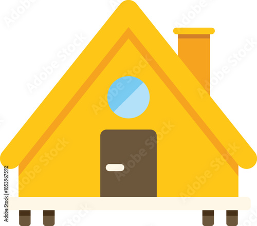 Simple yellow wooden house with chimney and round window standing on platform, ideal for real estate and architecture concepts