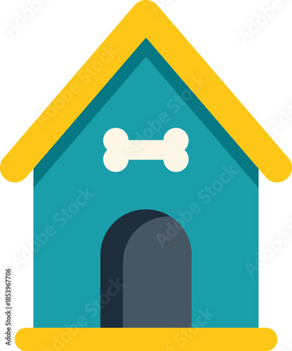 Green and yellow dog house with bone symbol providing shelter and representing pet care