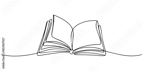 Opened book with flying page and stars in one continuous line drawing, symbolizing magic of reading, Continuous one line drawing of book opening vector graphic illustration. Education books line art