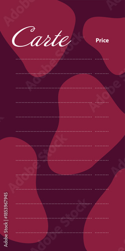 Carte Wine Card Menu Design in trendy Monochrome Burgundy with Column headings and Dots lines Sample. Vector illustration Wine Menu Cards Template Poster, leaflets, brochure design with abstract spots