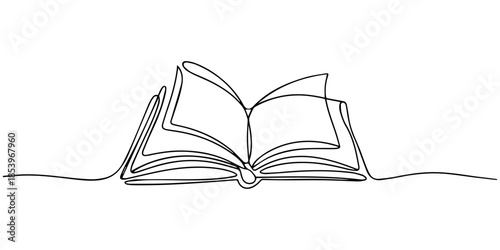 Opened book with flying page and stars in one continuous line drawing, symbolizing magic of reading, Continuous one line drawing of book opening vector graphic illustration. Education books line art