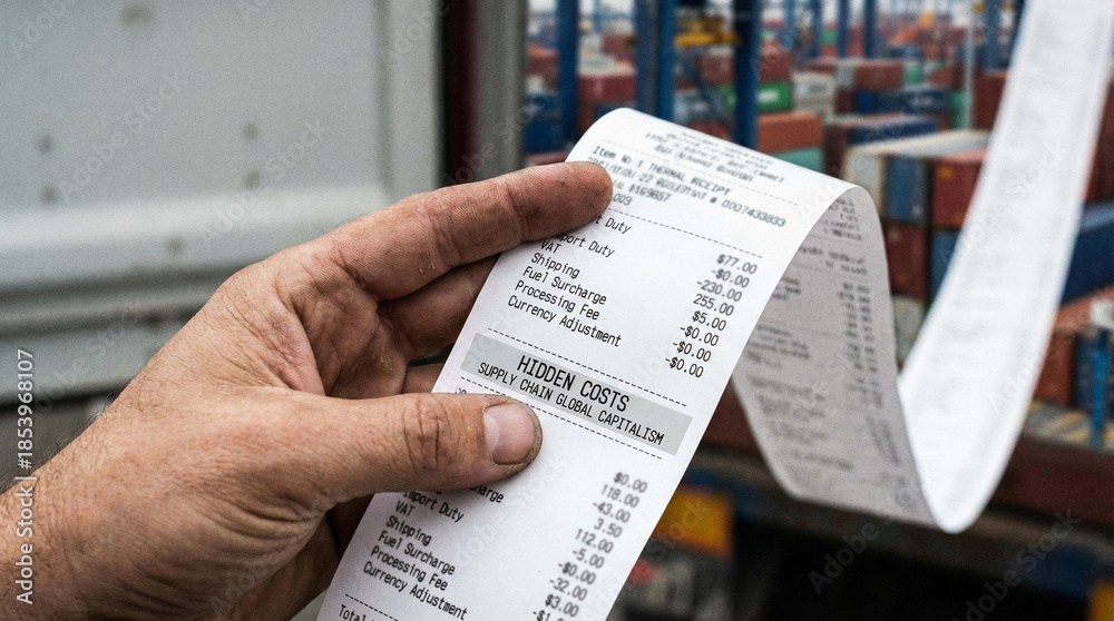 Naklejka premium Hidden costs impact supply chain and global capitalism where finance and profit balance against cost in complex economic systems