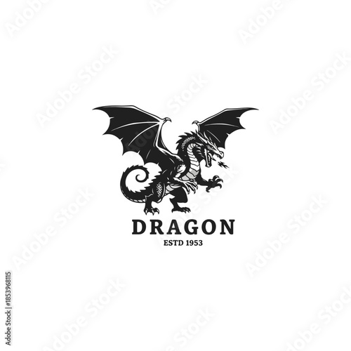 Black Dragon Emblem Illustration With Wings And Crest.