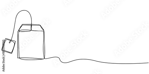 paper tea bag continuous one line drawing, One continuous line drawing of paper tea bag. Hot herbal drink for morning routine and breakfast in simple linear style. Editable stroke. Doodle vector