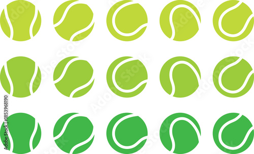 Set of tennis balls with different seam patterns. Bright green sport equipment collection for tennis game design. Flat vector illustration isolated on white background