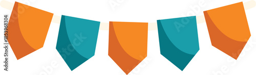 Festive garland of triangular flags in orange and teal creating a celebratory atmosphere