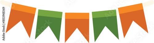 Festive garland of orange and green flags hanging, creating a cheerful atmosphere for celebration and decoration