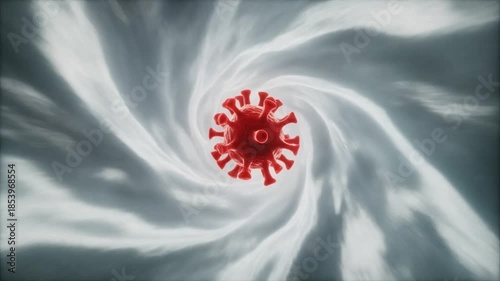A conceptual 3d render of a dangerous red rotavirus particle spiraling through a dramatic white and gray abstract vortex background.