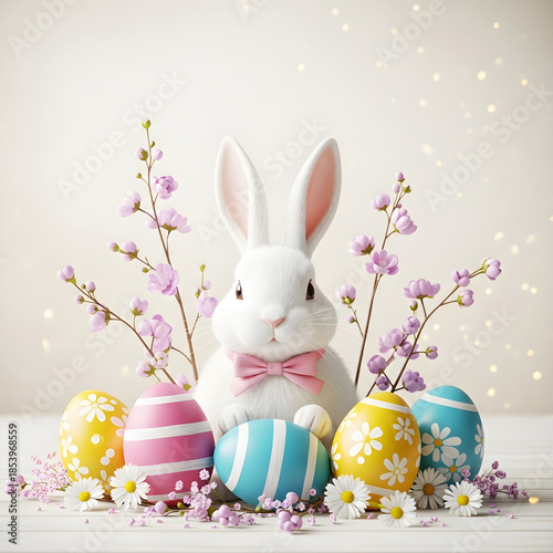 Easter bunny with decorated eggs isolated on white background