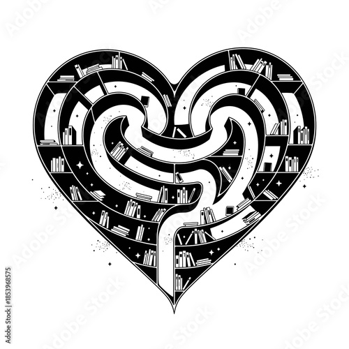 Heart-shaped labyrinth of bookshelves in black and white design  
