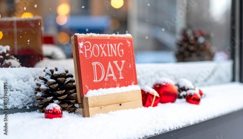 Boxing Day Sale Sign with Snow and Decorations