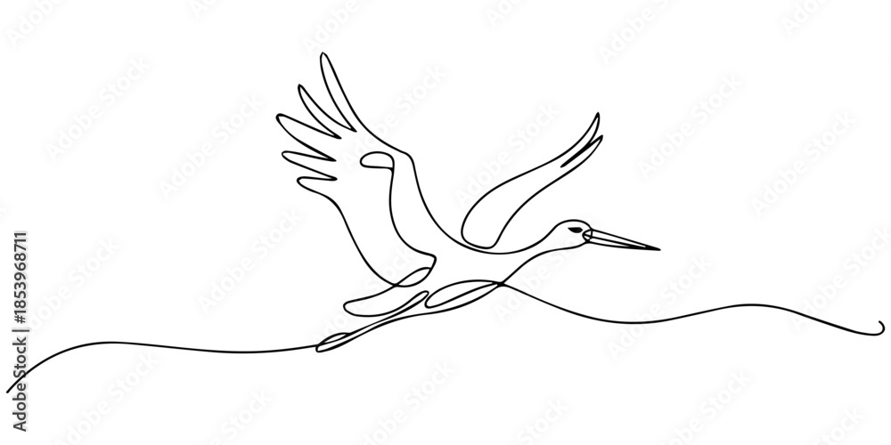 Naklejka premium flying bird with a wings and baby sign, Continuous one line drawing storks flying in sky. Bird as symbol for baby shower, delivery, news, pregnancy. Spring mood concept. Bird life nature. Single line