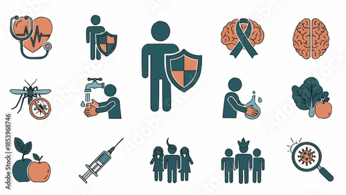 Collection of Medical Health and Science Icons Representing Health Awareness and Protection.