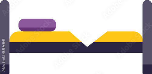 Simple, flat design of an unmade bed with a purple pillow, suggesting someone recently slept there