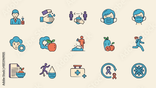 Collection of Medical and Health Icons Representing Prevention and Care.