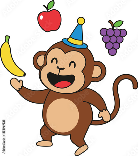 Cute cartoon monkey juggling fruit vector illustration. A happy brown primate character wearing a blue party hat, playfully tossing a banana, apple, and grapes in the air. 