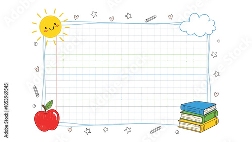 Whimsical School Border Design with Grid Paper, Cheerful Sun, Stacked Books, and Red Apple, Ideal for Kids' Learning Projects