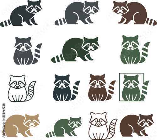 Large set of minimalist flat vector raccoon icons in various poses and colors for forest wildlife branding nature conservation logos and mascot design projects.
