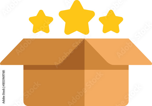 Open cardboard box with three golden rating stars floating above, symbolizing product quality, positive feedback, and excellent customer satisfaction