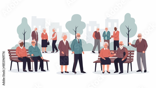 Diverse group of elderly people enjoying a park setting together.