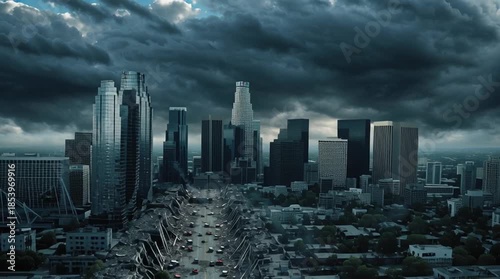 Aerial view of the city's massive destruction after the earthquake. A crack in the center of the metropolis, ruined buildings, and wrecked cars under a gloomy sky.