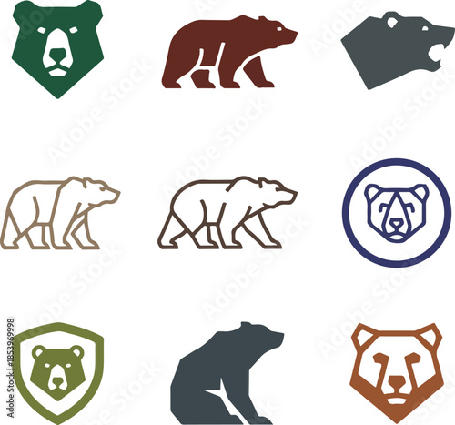 Set of minimalist flat vector bear icons and geometric grizzly head logos for wilderness branding outdoor adventure identity and wildlife conservation projects.