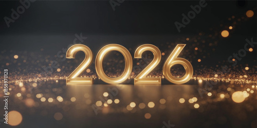 New Year 2026 greeting background featuring metallic gold numbers with glowing neon light effect, floating glitter particles on black background, stylish luxury celebration theme, high resolution fest