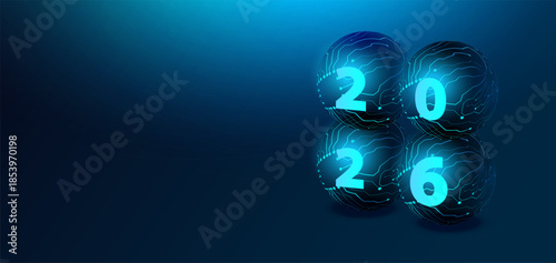 2026 new year calendar card in ai futuristic technology. New Year of 2026 with dark blue neon number and glowing circuit isometric sphere. Vector holiday background.