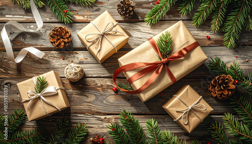 Festive Christmas Gifts and Evergreen Branches on Rustic Wooden Background
