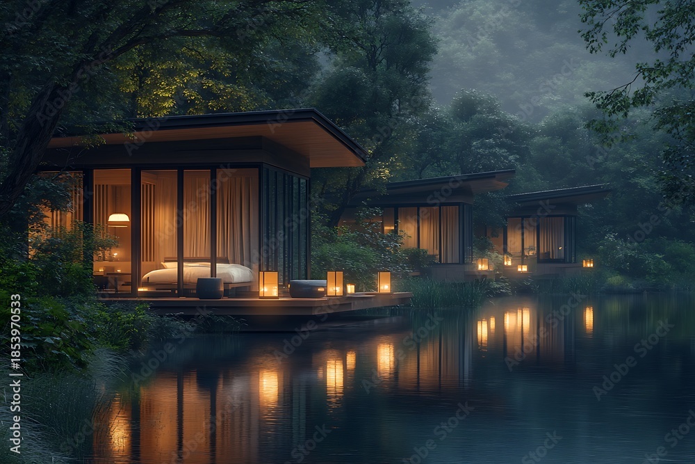 Fototapeta premium Several modern cabins with transparent glass walls positioned amid forest landscape