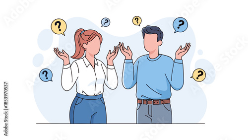 Confused Man and Woman Discussing Problem. Uncertainty, confusion, problem solving, misunderstanding, decision making, and discussion.