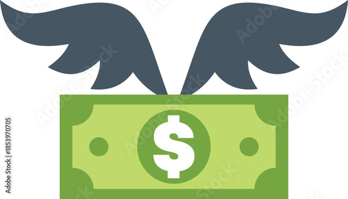 Dollar bill with wings flying away, representing rising costs, fast spending and inflation