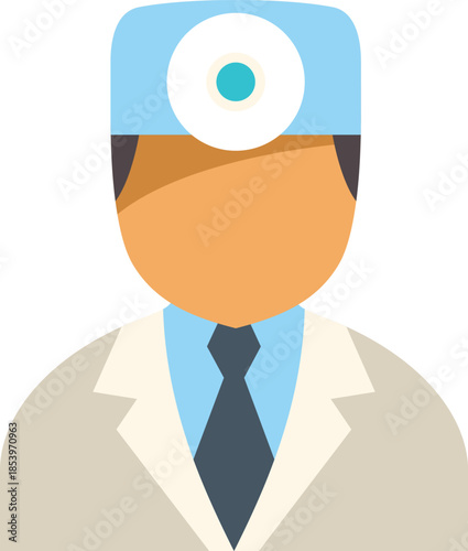 Flat design illustration of a doctor wearing a head mirror and lab coat, representing medical expertise and healthcare