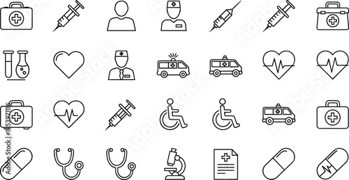 Medical and healthcare icon set with outline style symbols including doctor, nurse, ambulance, syringe, heart, hospital, and medical equipment