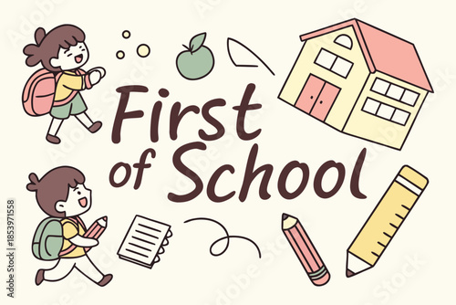 Happy schoolchildren with backpacks and books going to class