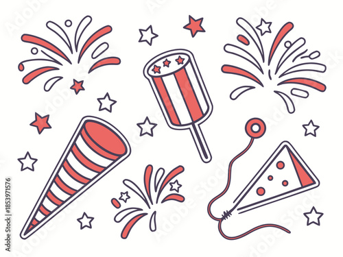 Vibrant party icons with fireworks and noisemakers for celebrations