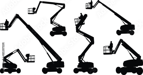 Aerial work platform silhouette set showing boom lift machines with operators, construction access equipment icons, industrial maintenance machinery isolated on white background