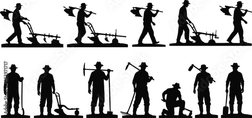 Farmer silhouette collection illustration, agricultural worker with tools, farming activities vector set, rural labor concept, black solid man figures, countryside profession design