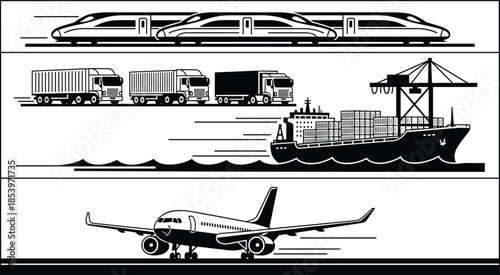 Global transportation and logistics silhouette set with high speed train, cargo trucks, container ship, crane and airplane, freight transport system isolated on white background