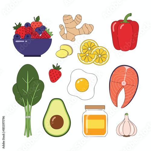 A colorful, minimalist illustration with healthy foods fruits, vegetables, and fish
