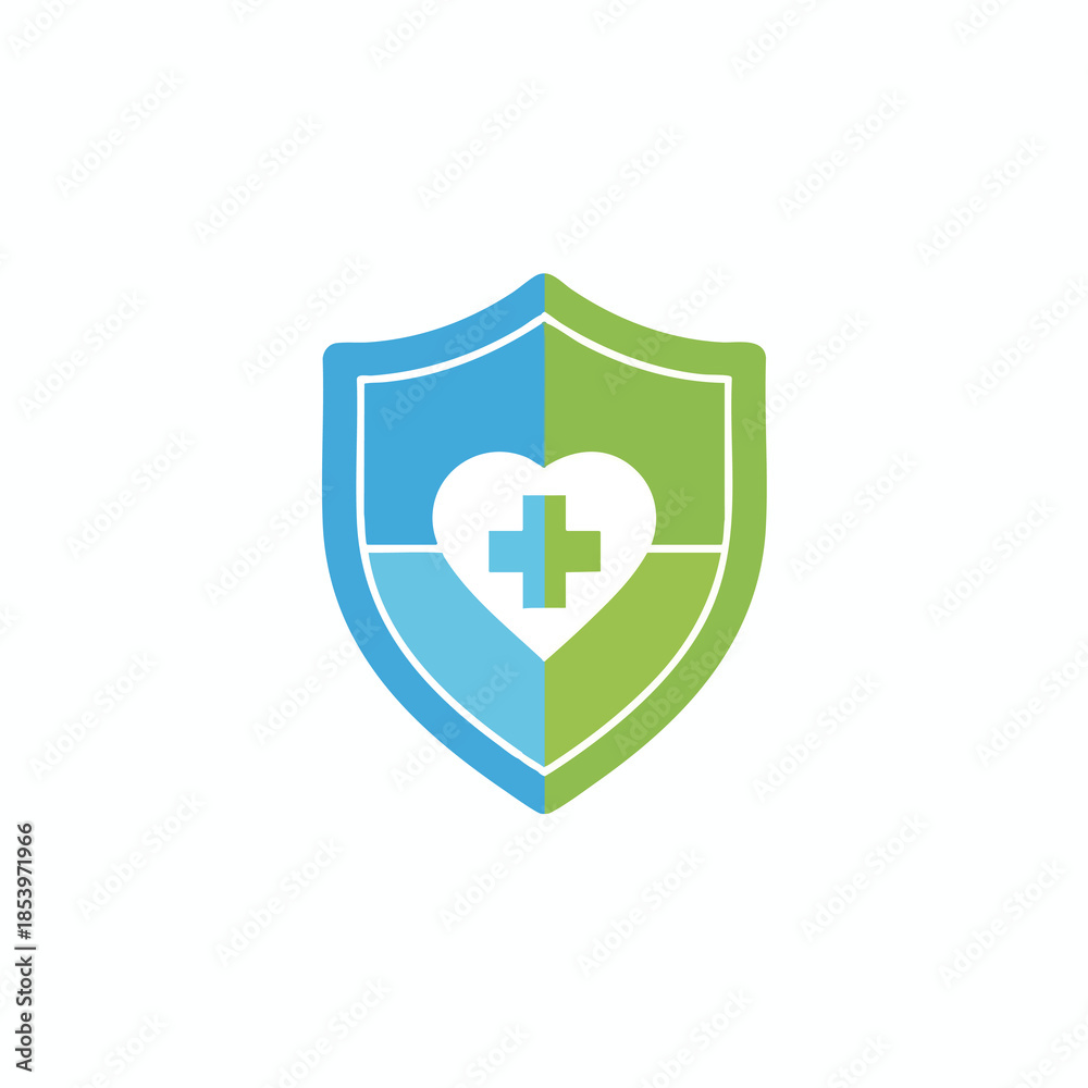 Fototapeta premium A heart-shaped shield with a cross, split blue and green, on a white background