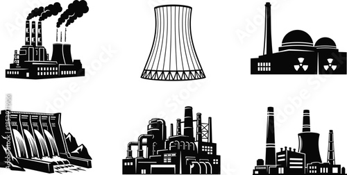 Industrial power plant silhouette set, factory energy production icons, nuclear, thermal and hydroelectric stations, black vector illustration collection, industrial infrastructure concept