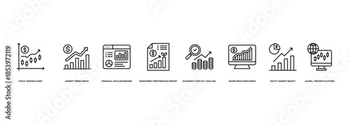 Stock Market Analysis Banner Illustration Featuring Stock Trading Chart, Market Trend Graph, Financial Data Dashboard, Investment Performance Report, Economic Forecast Analysis, Share Price Monitoring