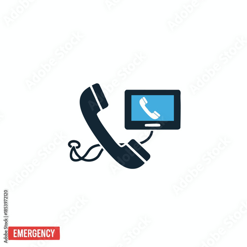 Icon of a phone receiver and screen with a calling symbol, with emergency label