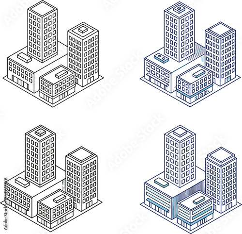 Isometric city building illustration set, modern urban block architecture, skyscraper and office complex vector design, real estate development concept, clean line infographic style