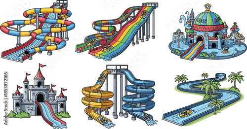 Colorful cartoon water park slides set, fun aqua park attractions, kids and family summer recreation rides, amusement park playground illustration collection