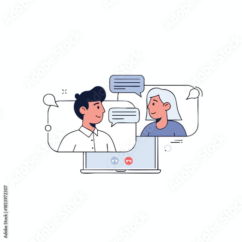 A laptop screen displays a video call with two people and speech bubbles