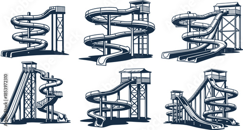 Water park slides illustration set, vector line art waterslide towers, amusement park attractions, summer recreation design, playground slide collection, monochrome graphic icon pack bundle