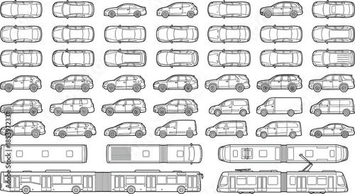 Vehicle blueprint illustration set, cars vans buses top and side views, transportation line art vectors, urban traffic planning, automotive technical drawing collection