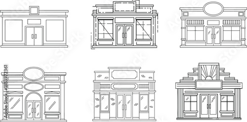Vintage storefront building line icons set, classic retail shop facades illustration, architectural outline vector design, urban commercial exterior collection, minimal monochrome business concept